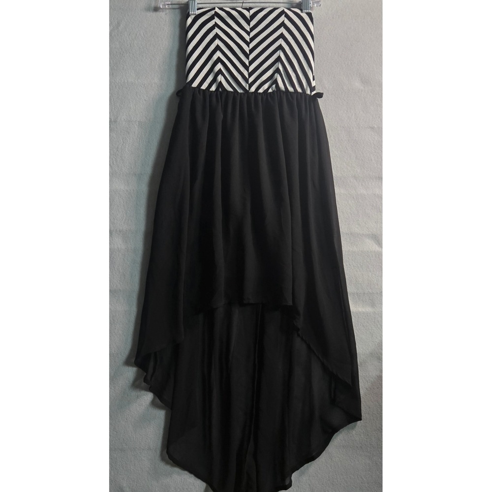 Black White Chevron Striped Strapless High‎ Low Chiffon Dress Style JD1205